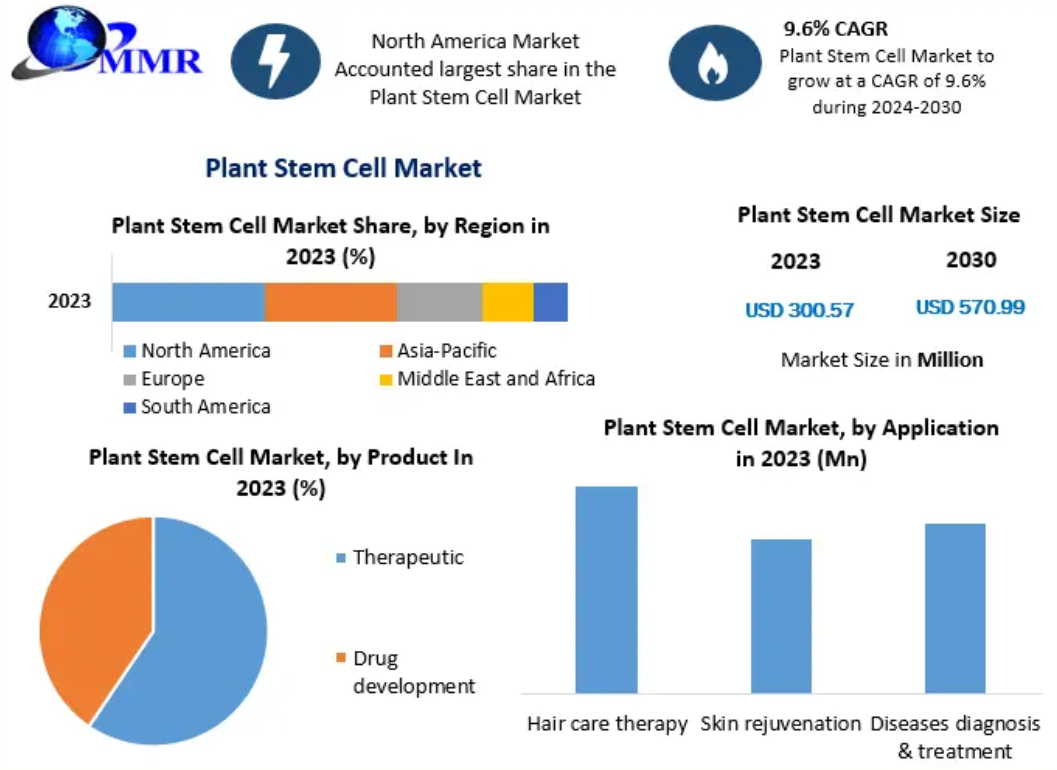 Plant Stem Cell Market was valued at USD 300.57 Mn. in 2023, and the plant stem cell revenue is expected to grow at a CAGR of 9.6 percentage for the period 2024-2030 